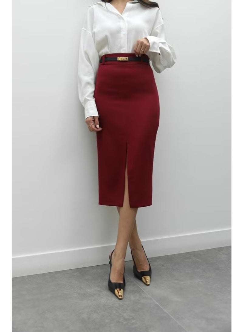 Burgundy Front Slit Pencil Skirt - Image 2
